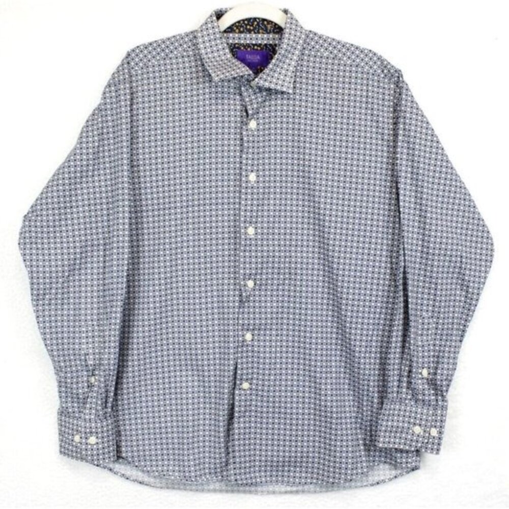 Tallia Button Up Shirt Men L 16 1/2 Filp Cuffs Contrast Geo‎ Print Blue White